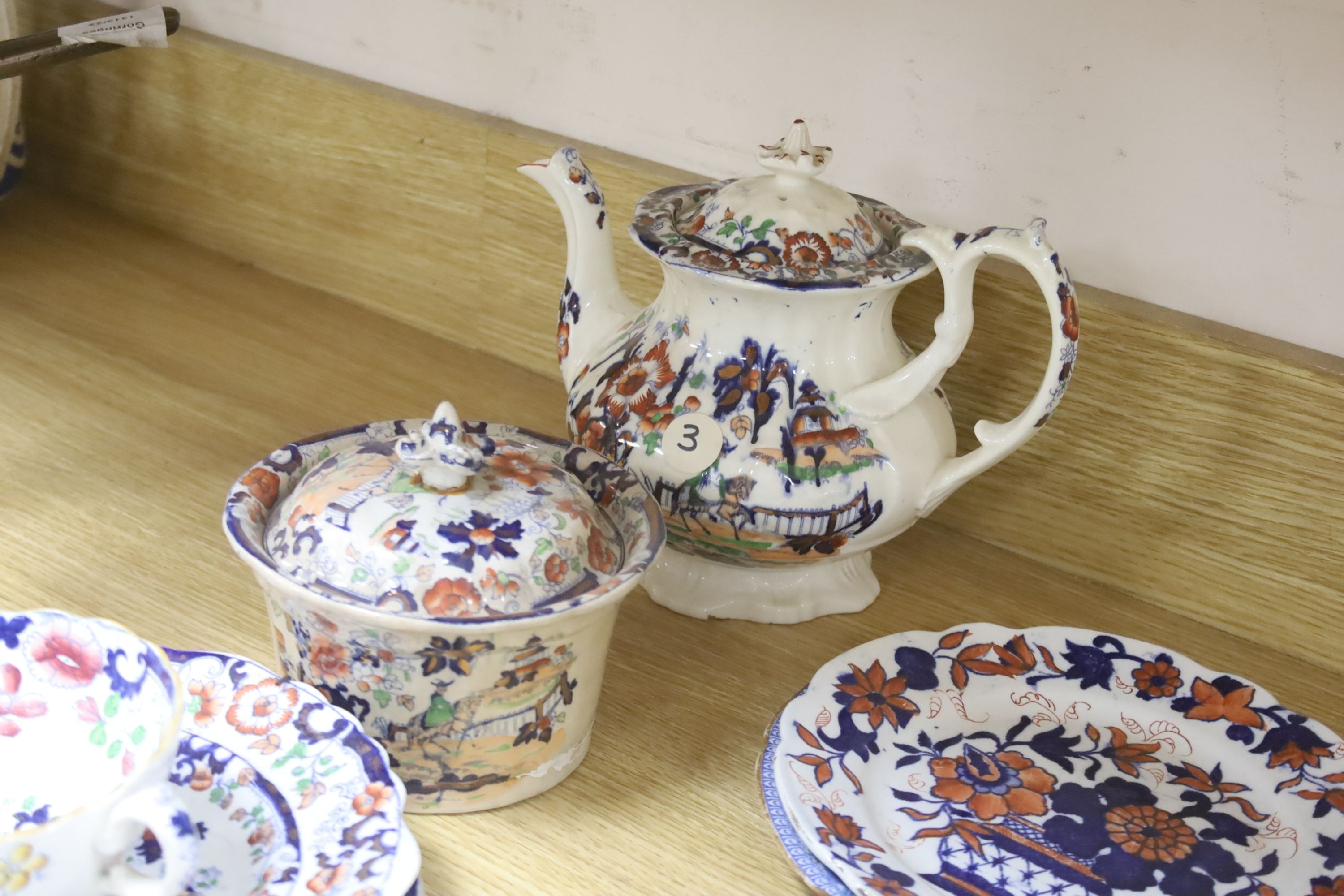 Victorian printed and enamelled tableware, including Davenport Stone China plate, 24cm